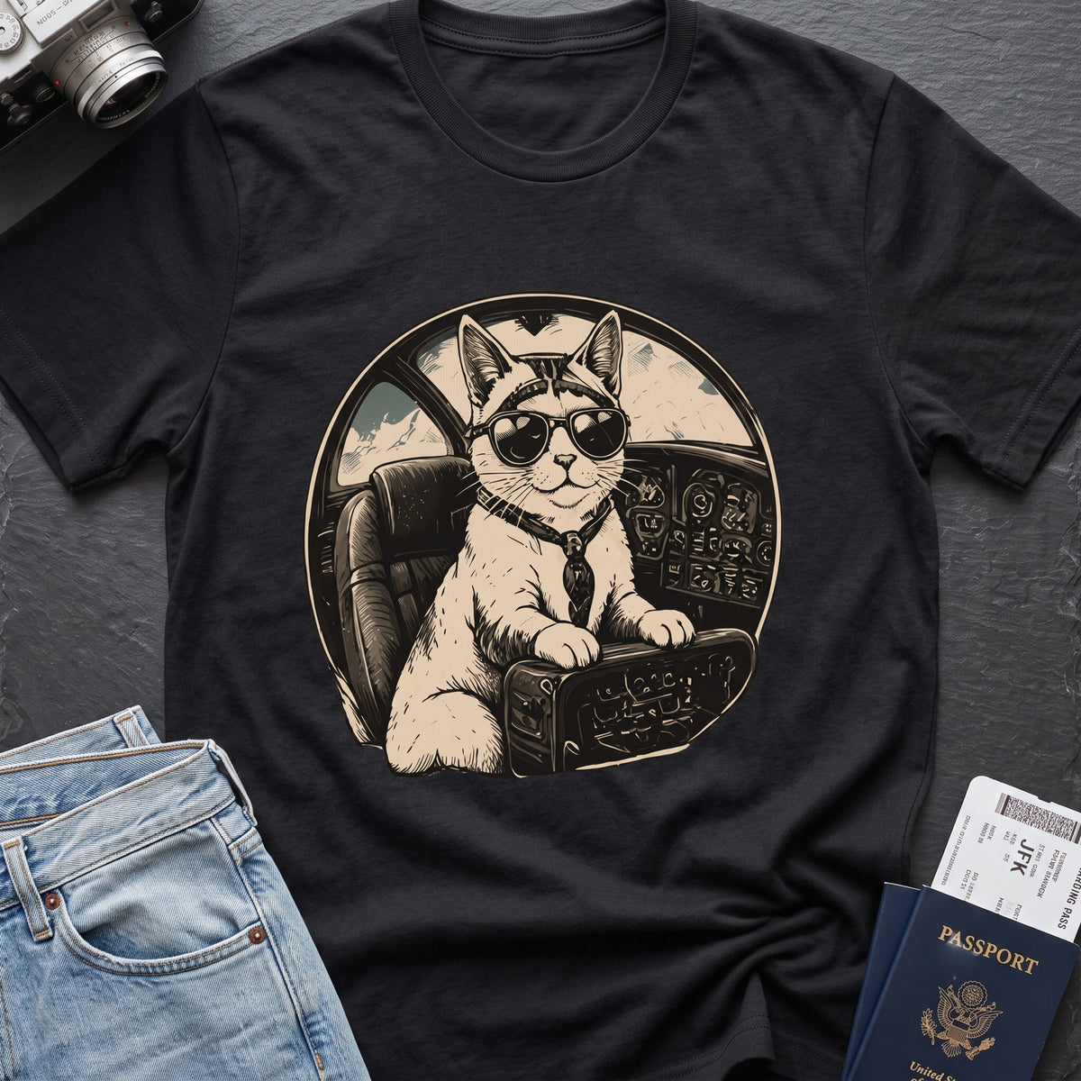 Cat Pilot T-Shirt in Black, front view.