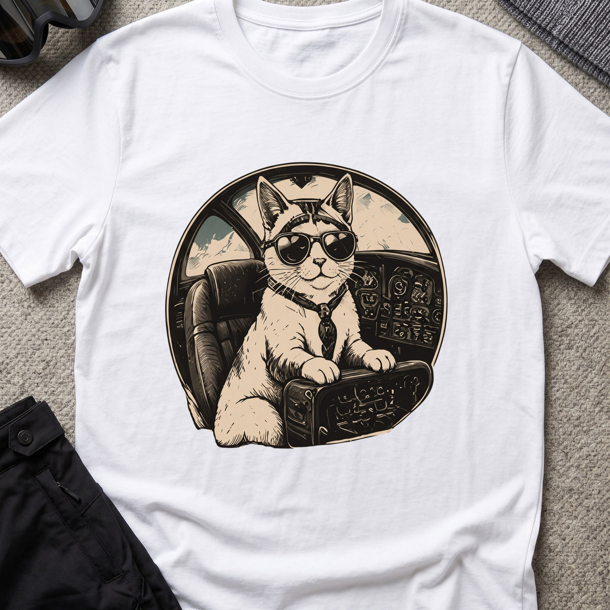 Cat Pilot T-Shirt in White, front view.