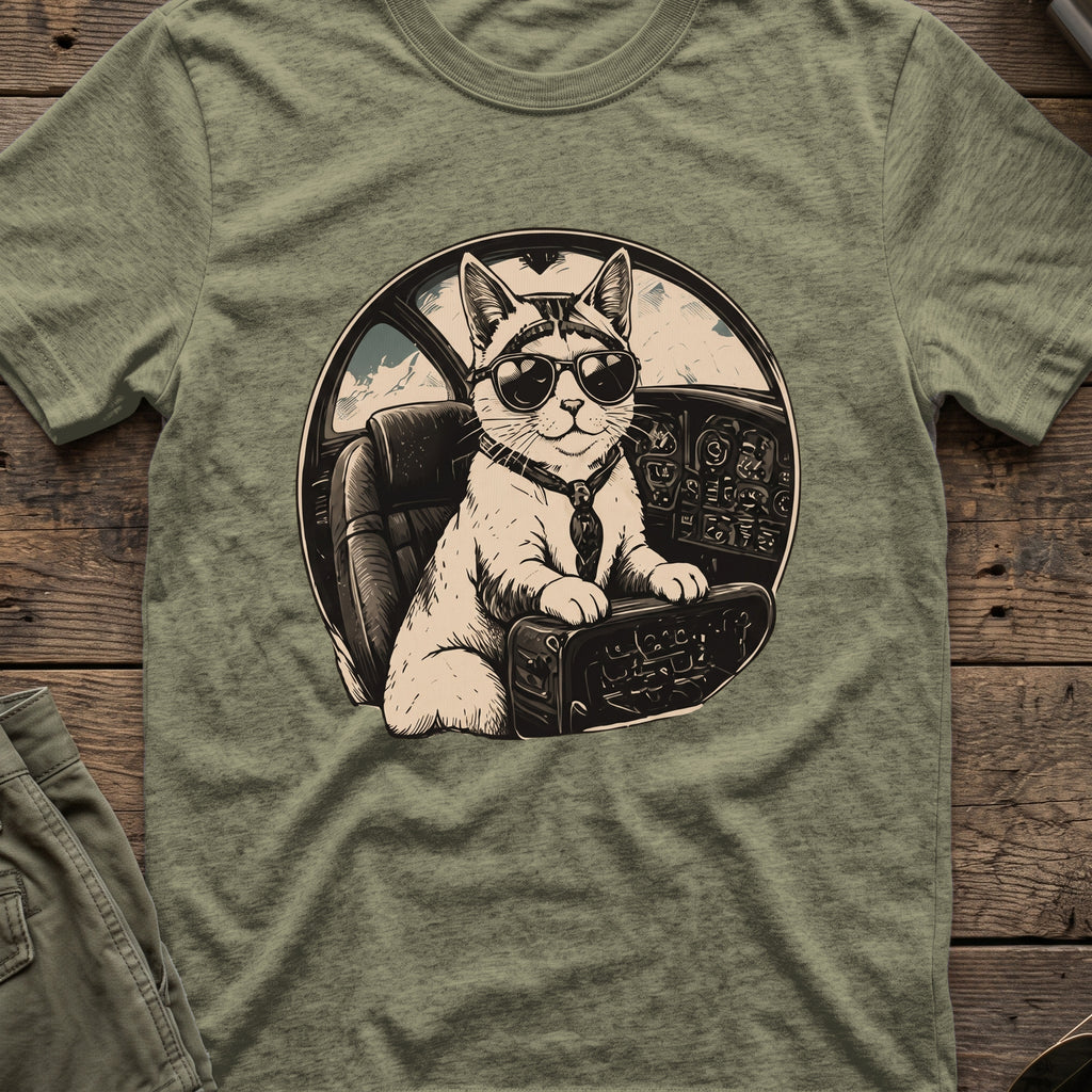 Cat Pilot T-Shirt in Heather Military Green, front view.