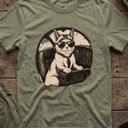 Cat Pilot T-Shirt in Heather Military Green, front view.