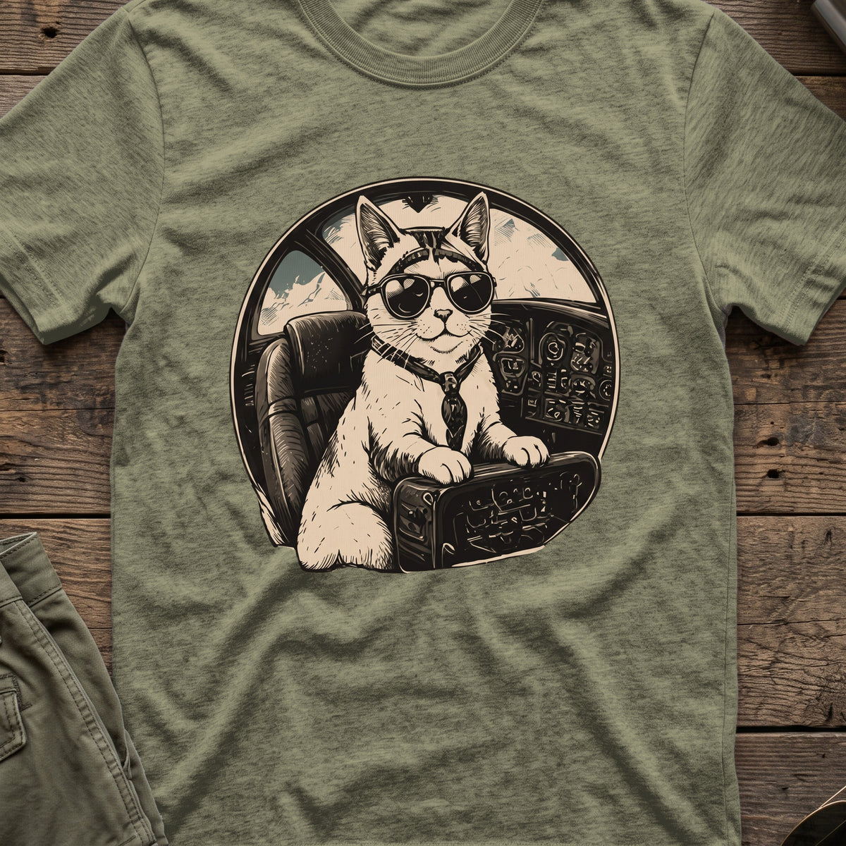 Cat Pilot T-Shirt in Heather Military Green, front view.