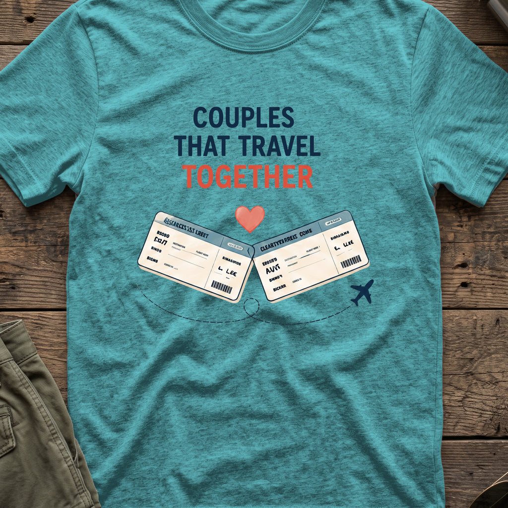 Couples that Travel Together T-Shirt in Heather Galapagos Blue, front view.