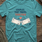 Couples that Travel Together T-Shirt in Heather Galapagos Blue, front view.