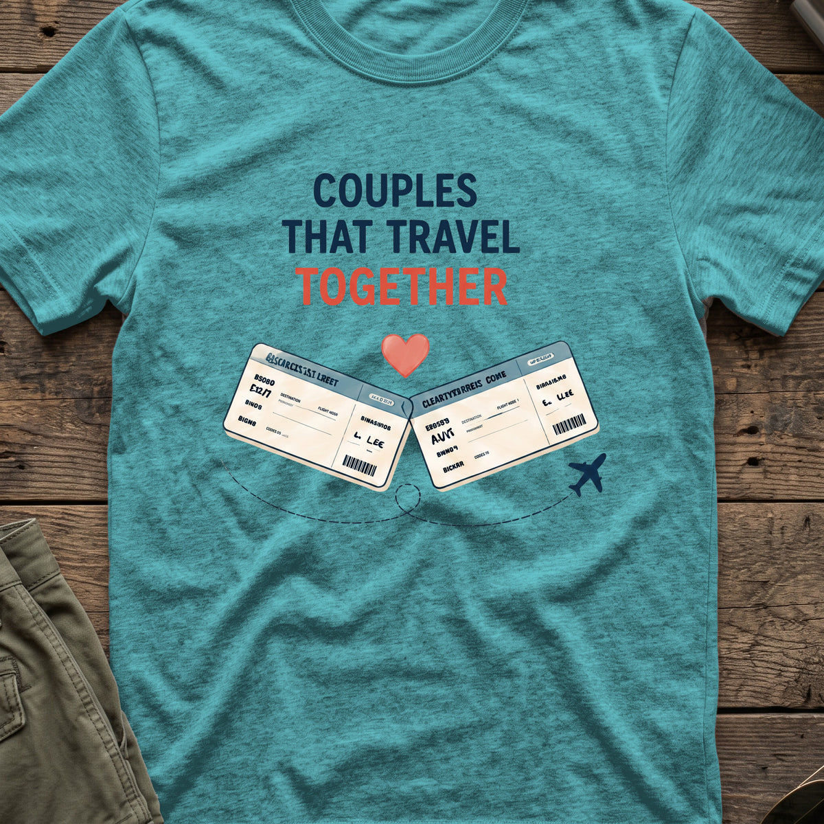 Couples that Travel Together T-Shirt in Heather Galapagos Blue, front view.
