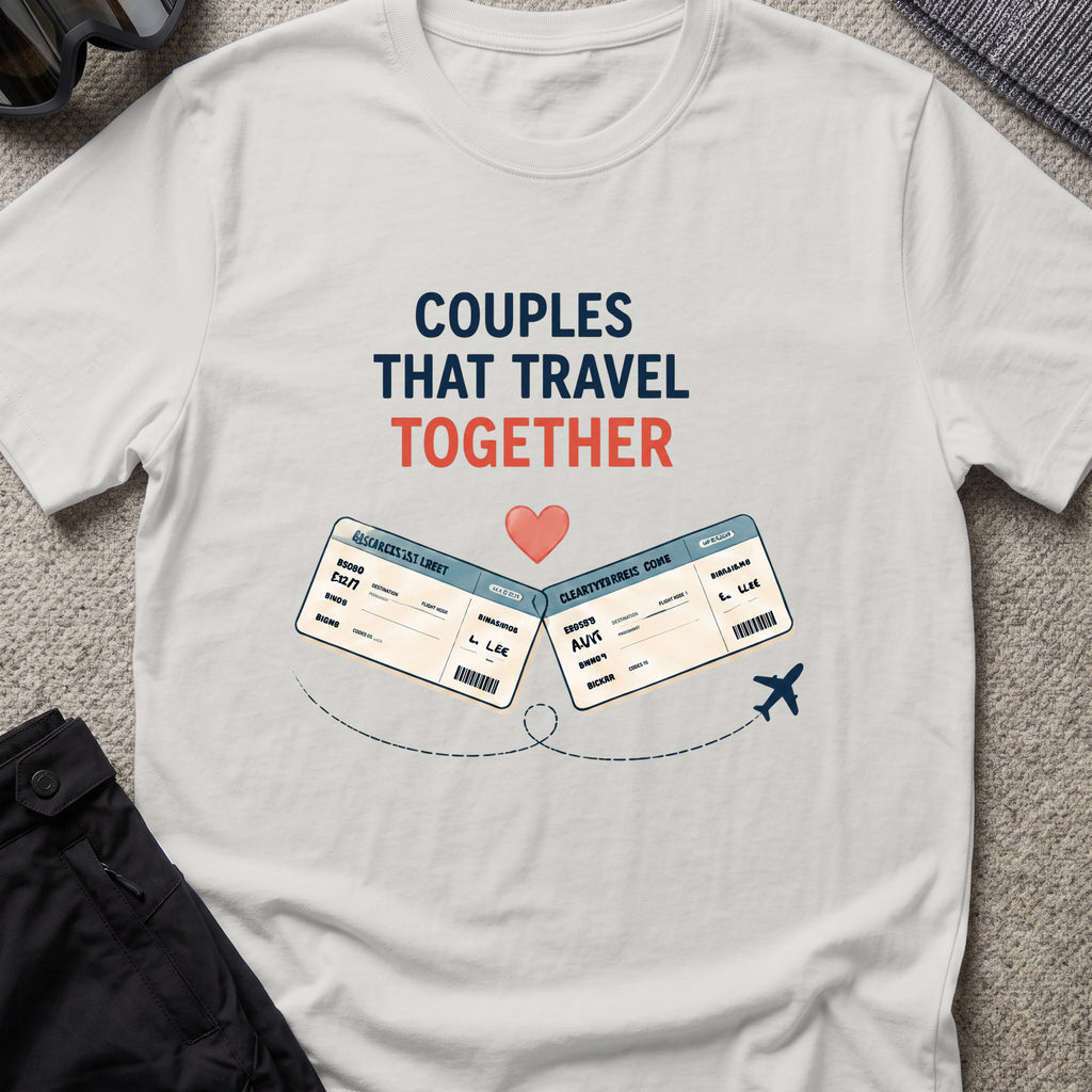 Couples that Travel Together T-Shirt in Ice Grey, front view.
