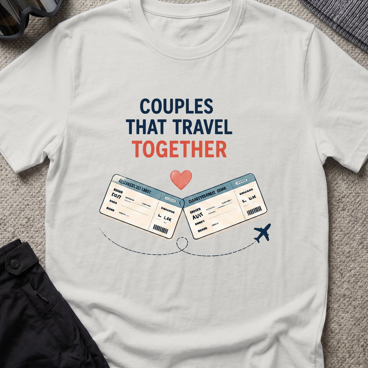 Couples that Travel Together T-Shirt in Ice Grey, front view.