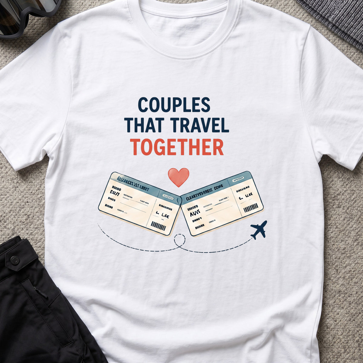 Couples that Travel Together T-Shirt in White, front view.