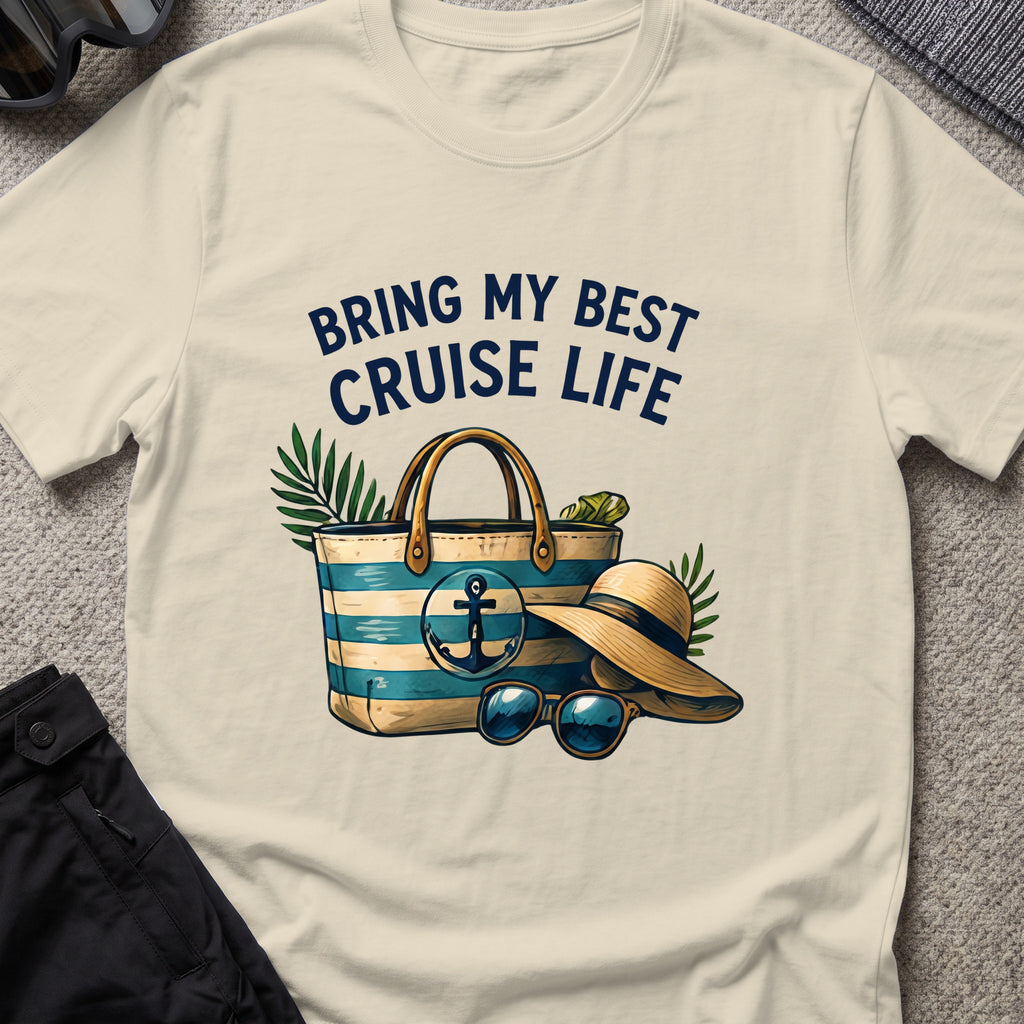Bringing my Best Cruise Life T-Shirt in Sand, front view.