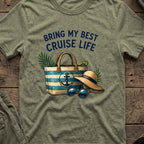 Bringing my Best Cruise Life T-Shirt in Heather Military Green, front view.