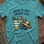 Bringing my Best Cruise Life T-Shirt in Heather Galapagos Blue, front view.