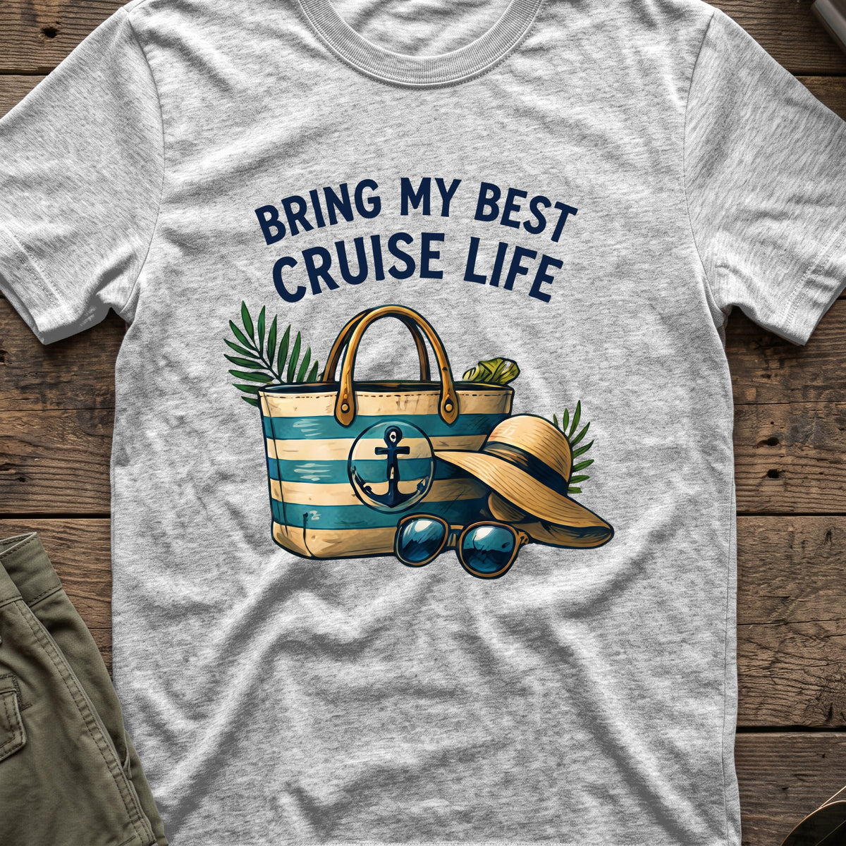 Bringing my Best Cruise Life T-Shirt in Sport Grey, front view.