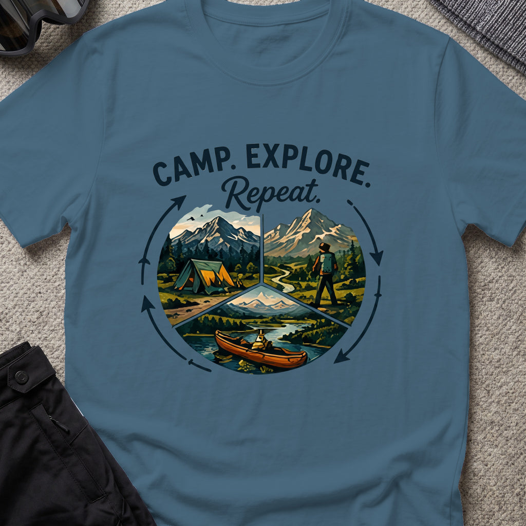 Camp. Explore. Repeat. T-Shirt in Indigo Blue, front view.