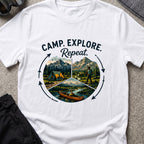 Camp. Explore. Repeat. T-Shirt in White, front view.