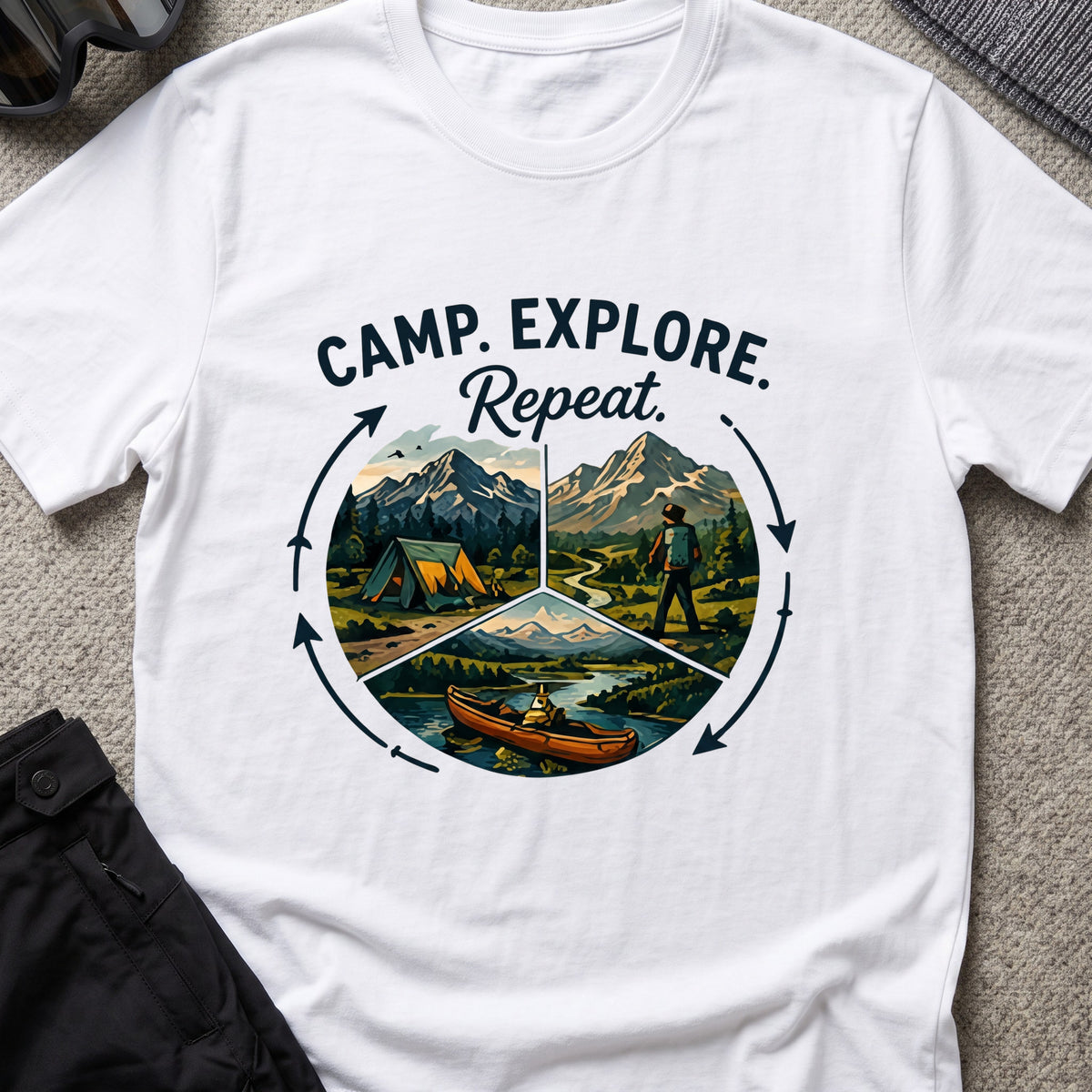 Camp. Explore. Repeat. T-Shirt in White, front view.