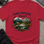Camp. Explore. Repeat. T-Shirt in Antique Cherry Red, front view.