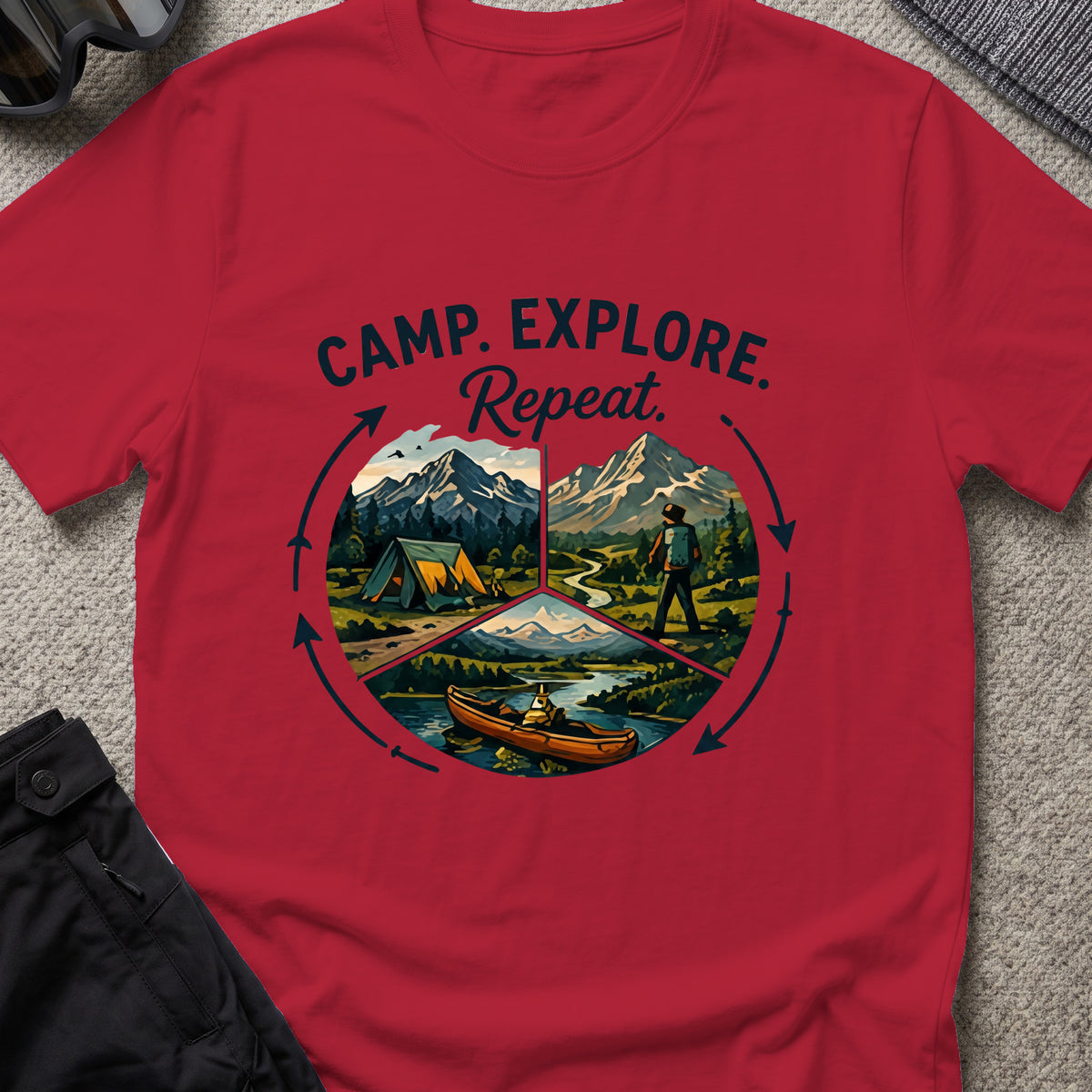 Camp. Explore. Repeat. T-Shirt in Antique Cherry Red, front view.
