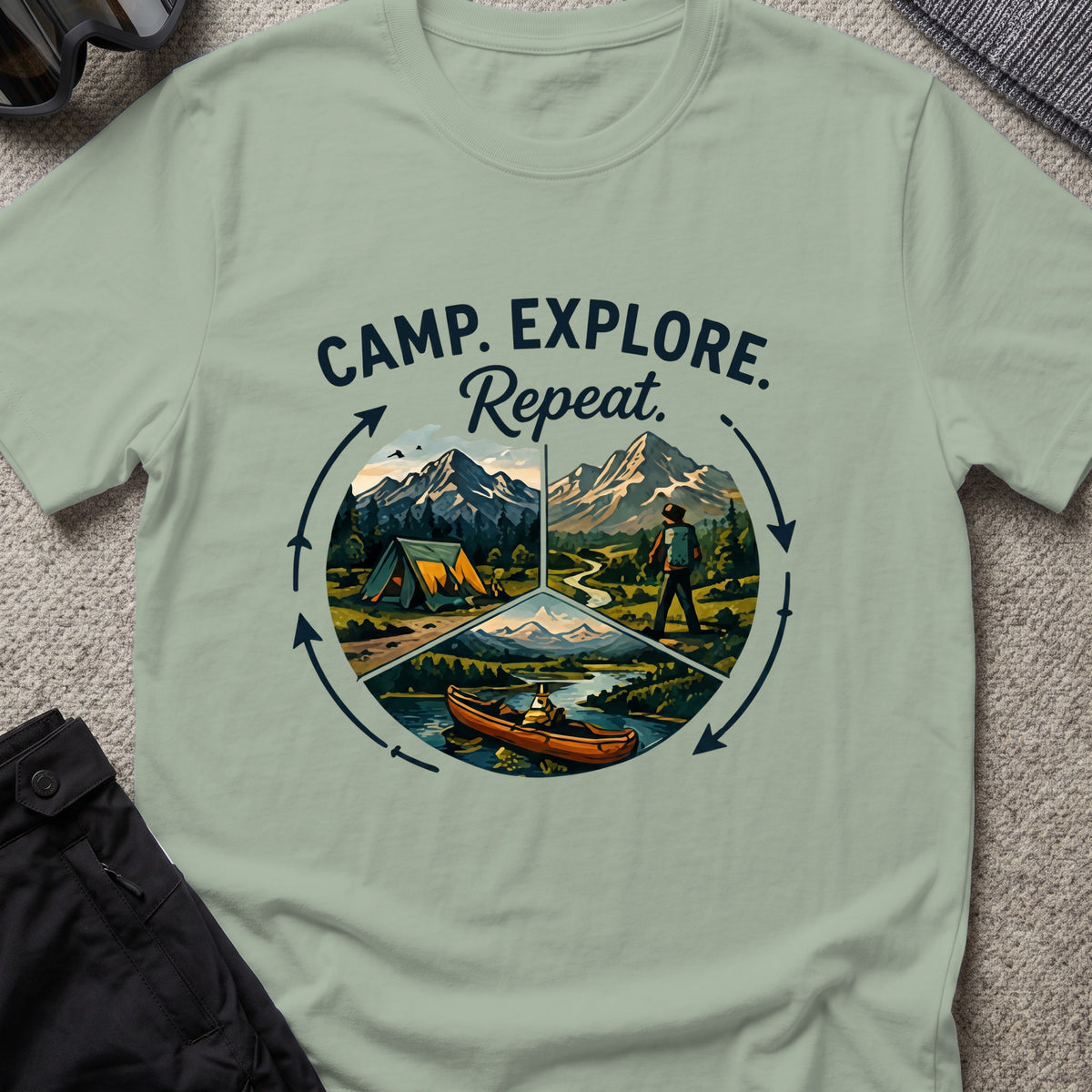 Camp. Explore. Repeat. T-Shirt in Sage, front view.