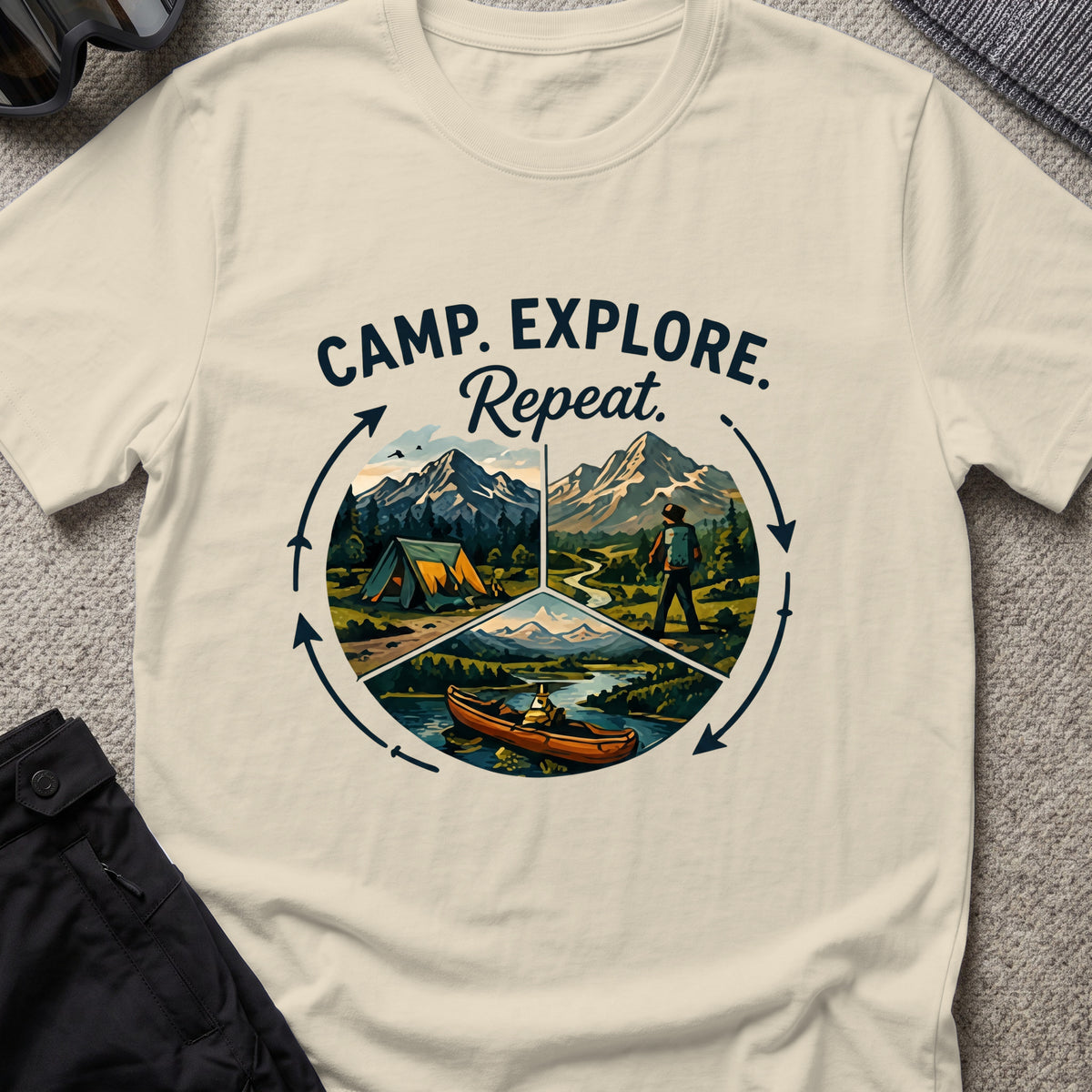 Camp. Explore. Repeat. T-Shirt in Sand, front view.