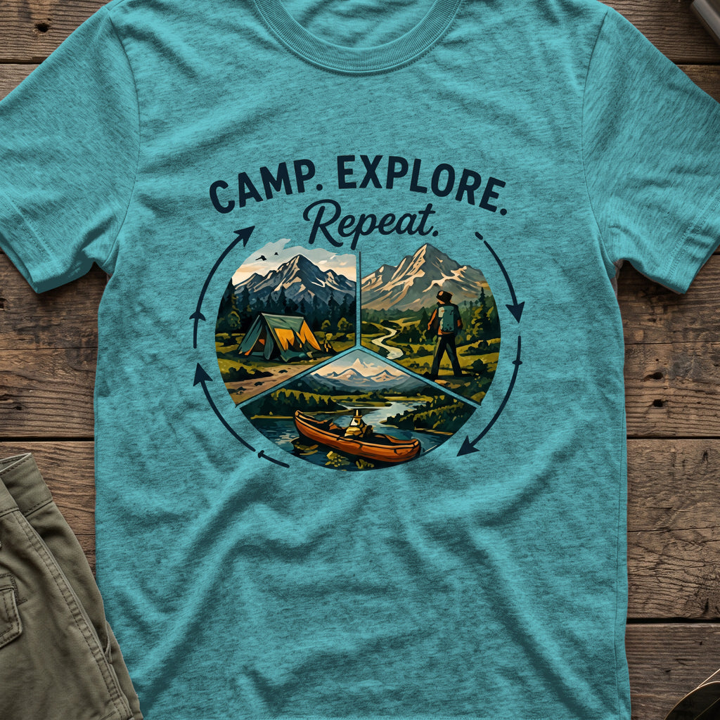 Camp. Explore. Repeat. T-Shirt in Heather Galapagos Blue, front view.