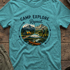 Camp. Explore. Repeat. T-Shirt in Heather Galapagos Blue, front view.