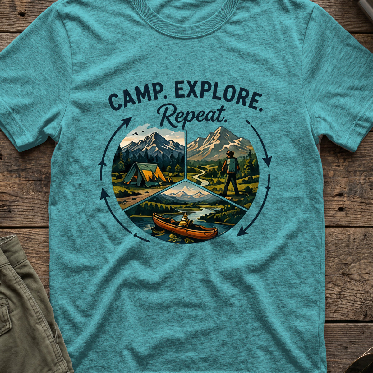 Camp. Explore. Repeat. T-Shirt in Heather Galapagos Blue, front view.
