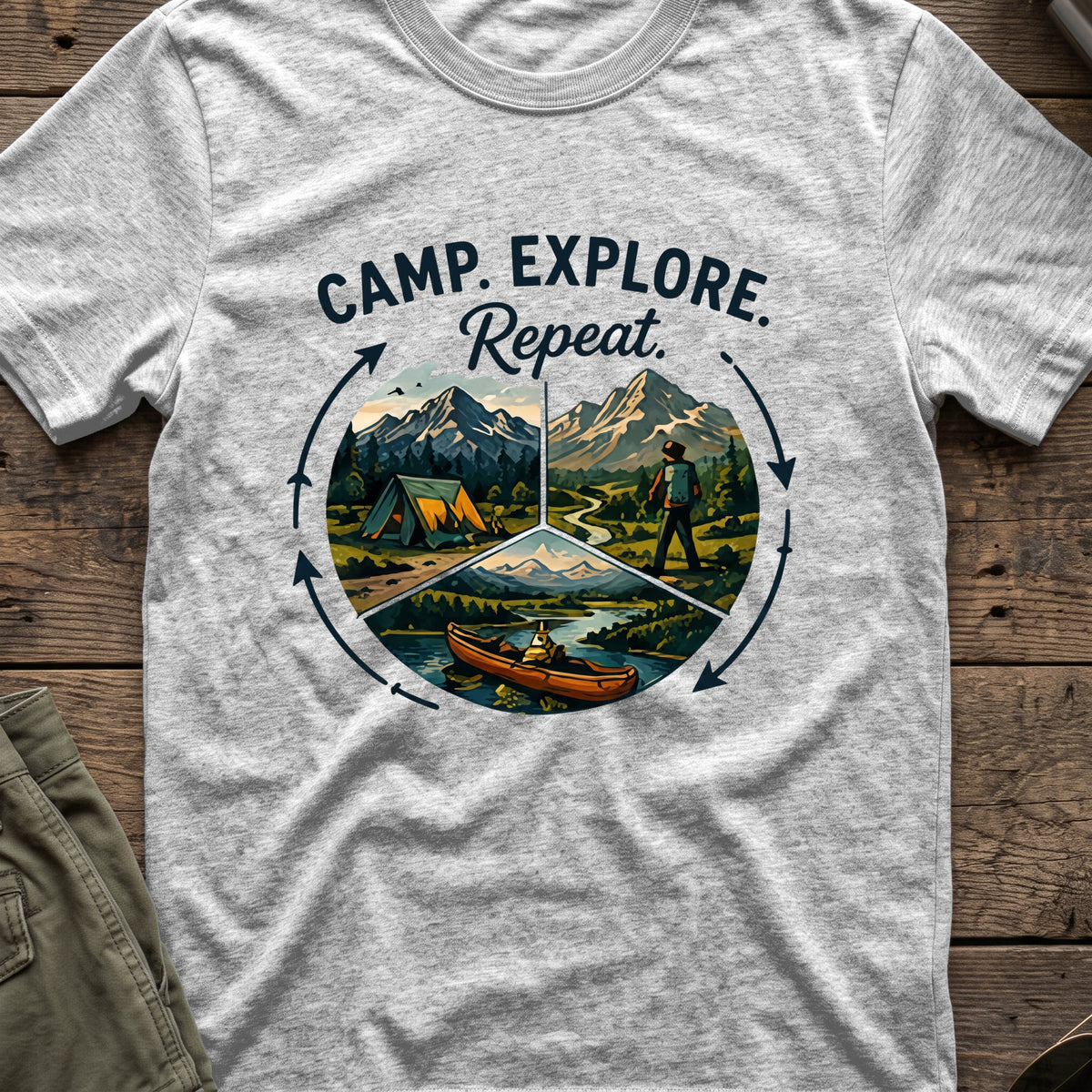 Camp. Explore. Repeat. T-Shirt in Sport Grey, front view.