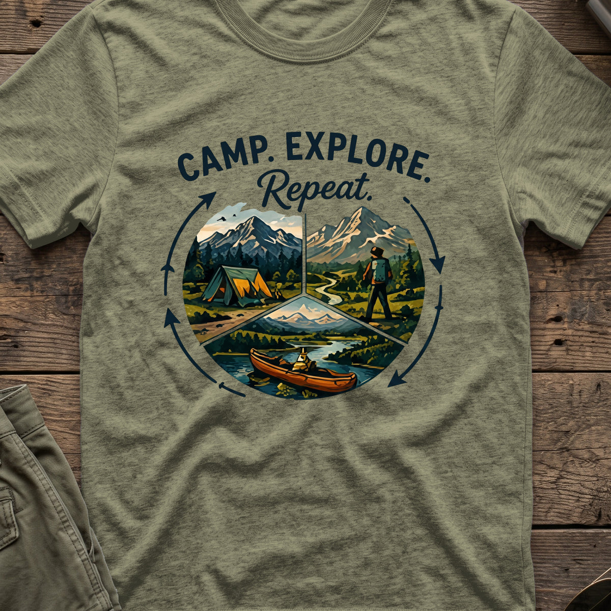 Camp. Explore. Repeat. T-Shirt in Heather Military Green, front view.