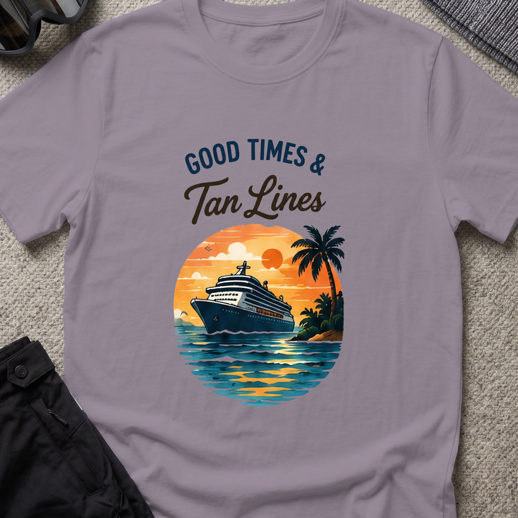 Good Times and Tan Lines T-Shirt — Sunset Cruise in Paragon, front view.
