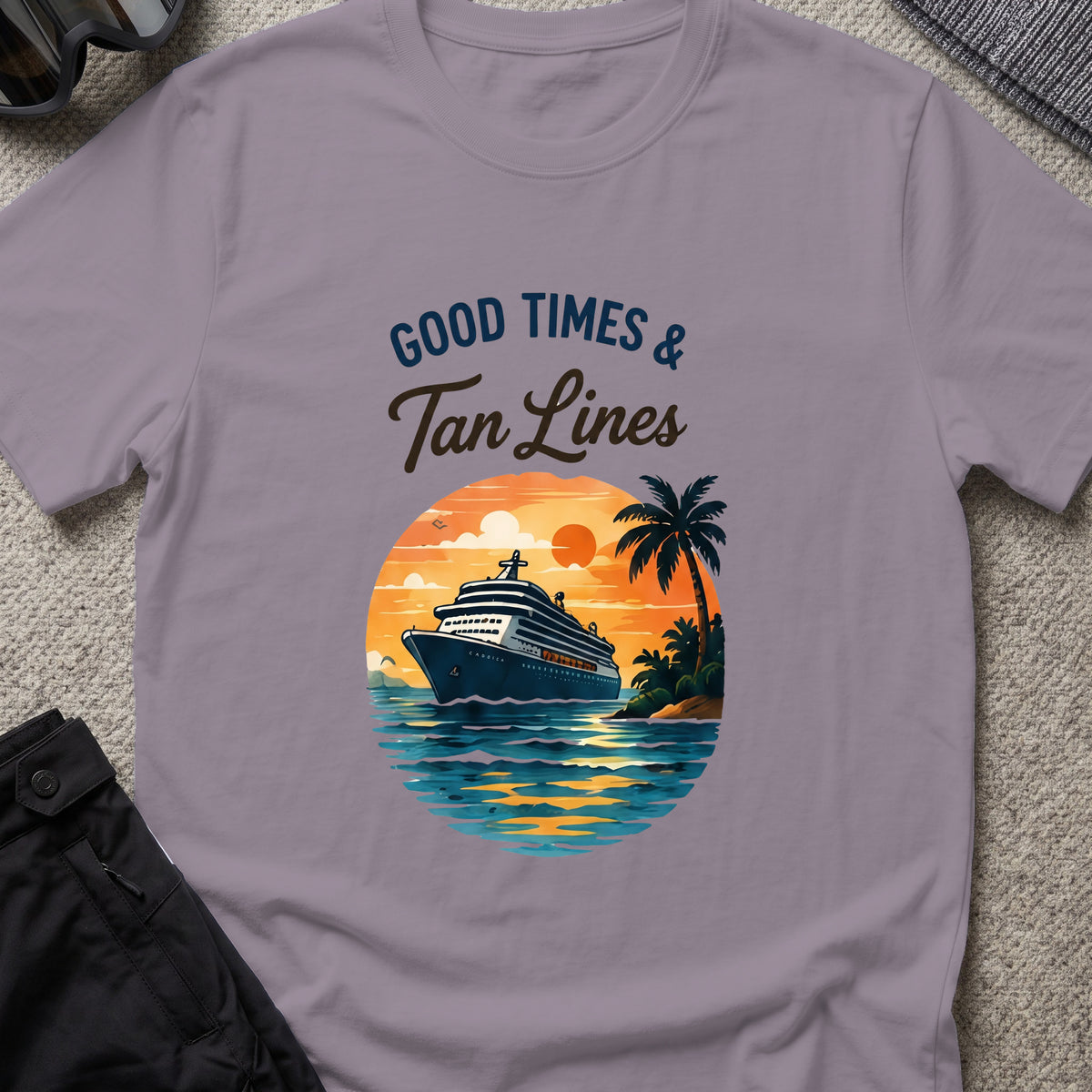 Good Times and Tan Lines T-Shirt — Sunset Cruise in Paragon, front view.