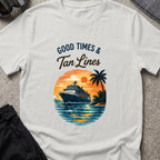 Good Times and Tan Lines T-Shirt — Sunset Cruise in Ice Grey, front view.