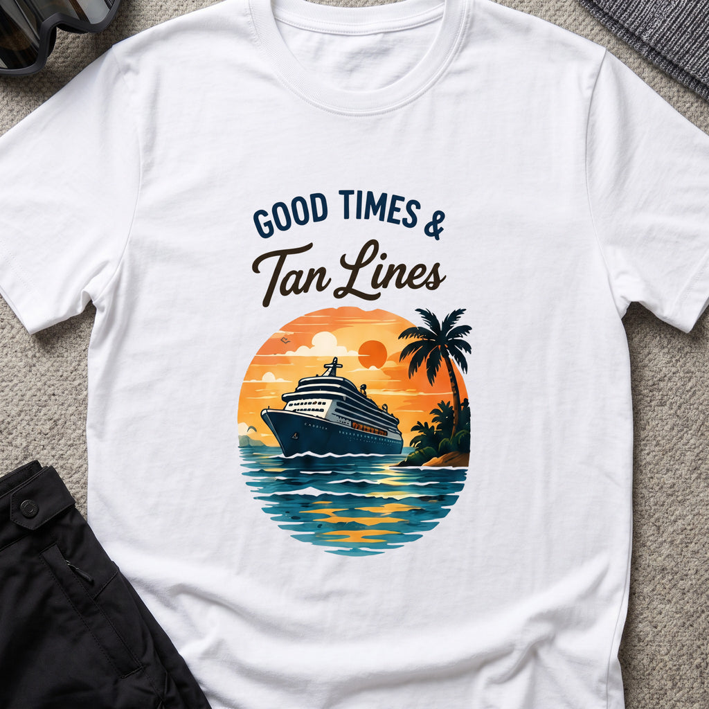 Good Times and Tan Lines T-Shirt — Sunset Cruise in White, front view.
