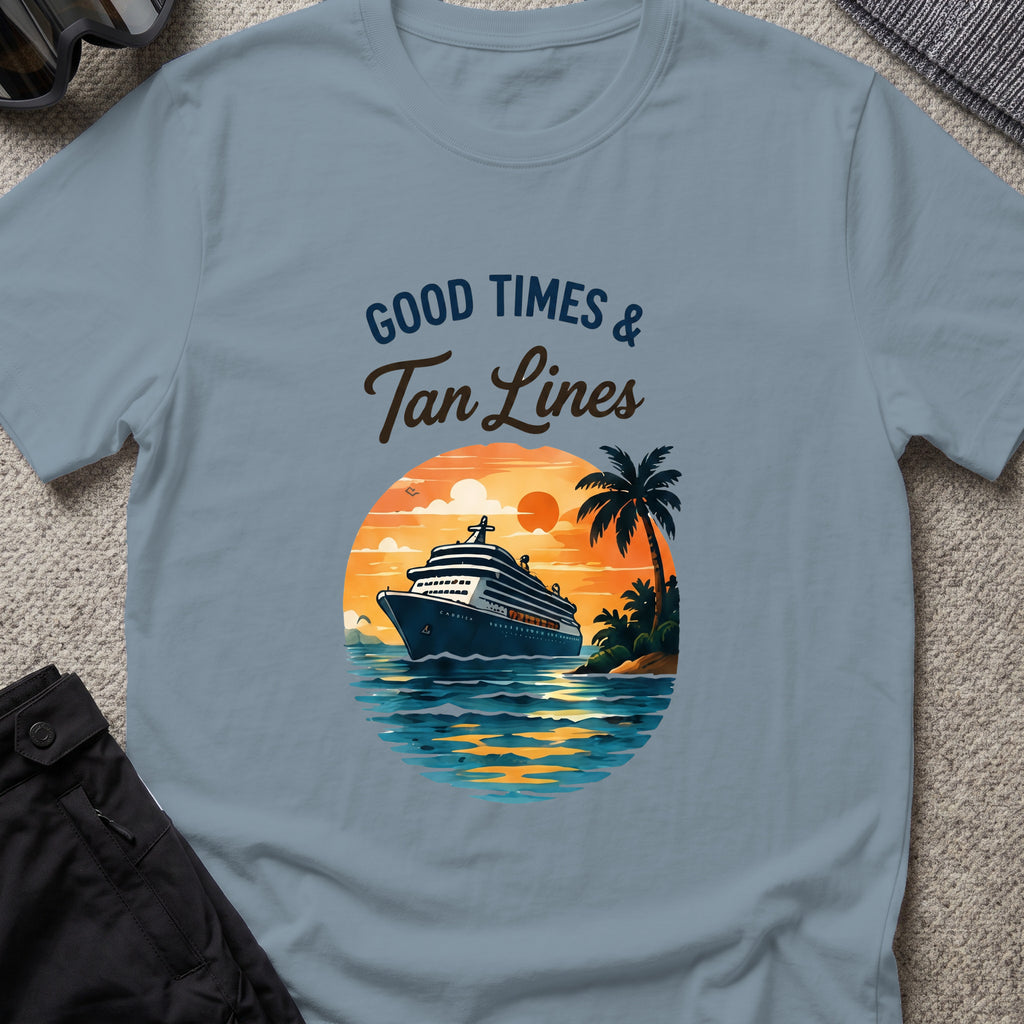 Good Times and Tan Lines T-Shirt — Sunset Cruise in Stone Blue, front view.