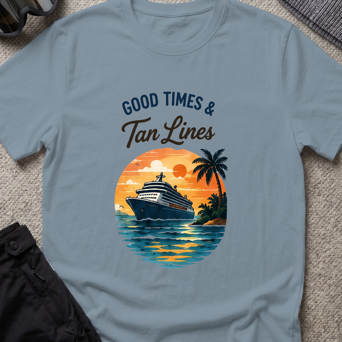 Good Times and Tan Lines T-Shirt — Sunset Cruise in Stone Blue, front view.