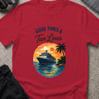 Good Times and Tan Lines T-Shirt — Sunset Cruise in Antique Cherry Red, front view.