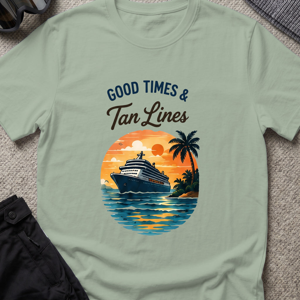 Good Times and Tan Lines T-Shirt — Sunset Cruise in Sage, front view.