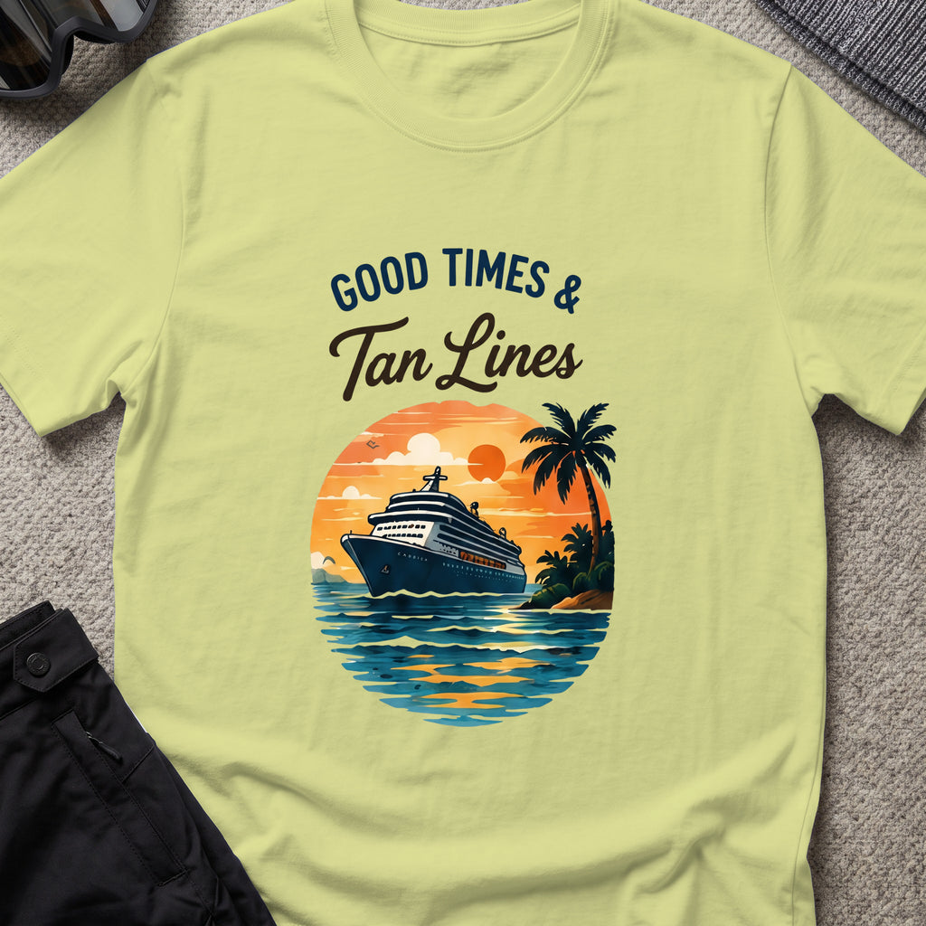 Good Times and Tan Lines T-Shirt — Sunset Cruise in Pistachio, front view.