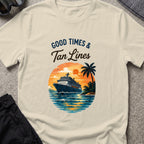 Good Times and Tan Lines T-Shirt — Sunset Cruise in Sand, front view.