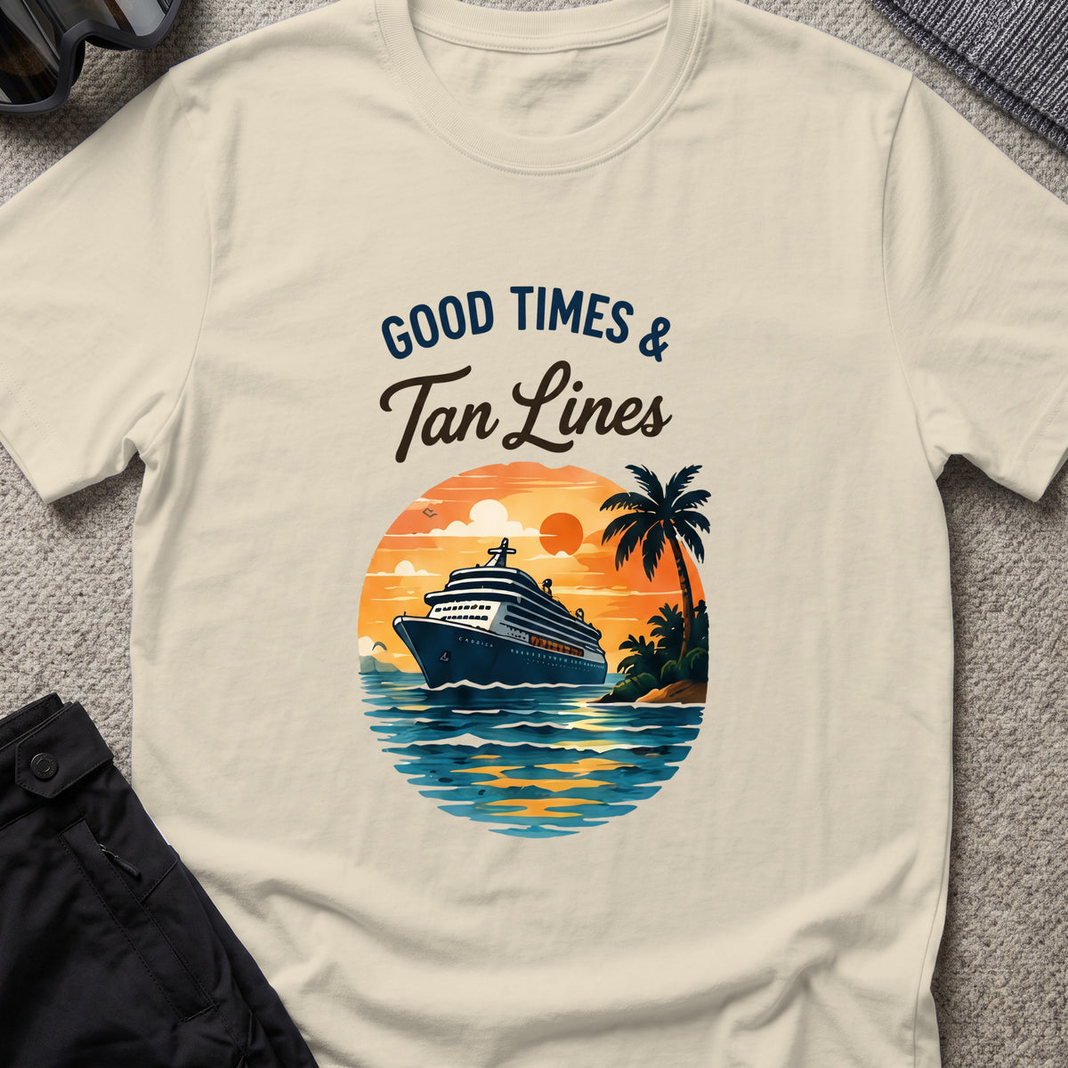 Good Times and Tan Lines T-Shirt — Sunset Cruise in Sand, front view.