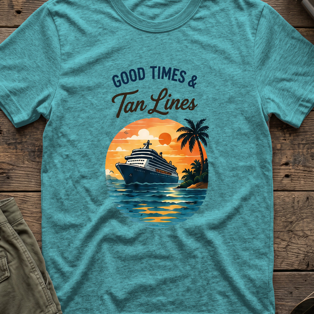 Good Times and Tan Lines T-Shirt — Sunset Cruise in Heather Galapagos Blue, front view.