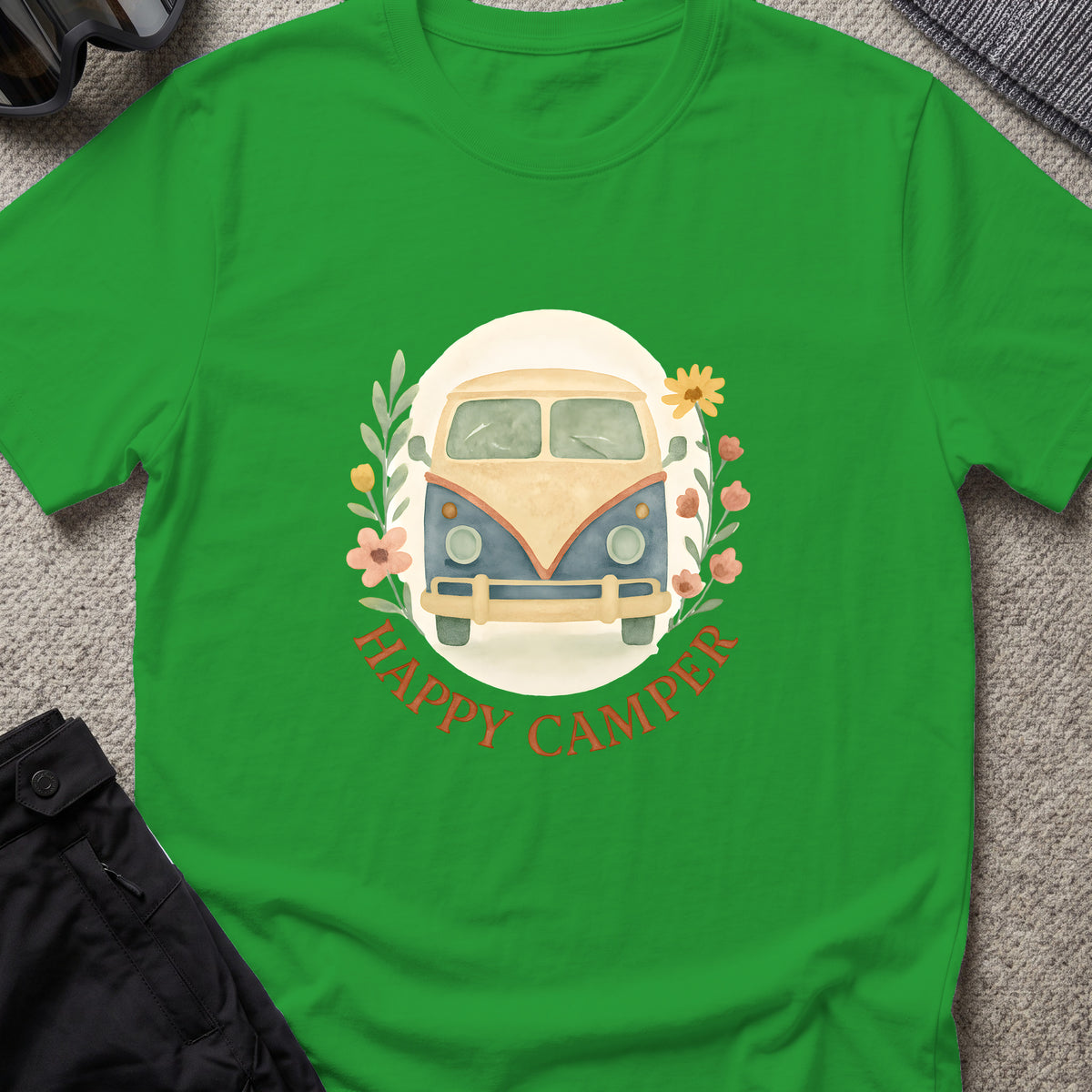 Floral Camper Van 2 T-Shirt in Irish Green, front view.