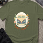 Floral Camper Van 2 T-Shirt in Military Green, front view.
