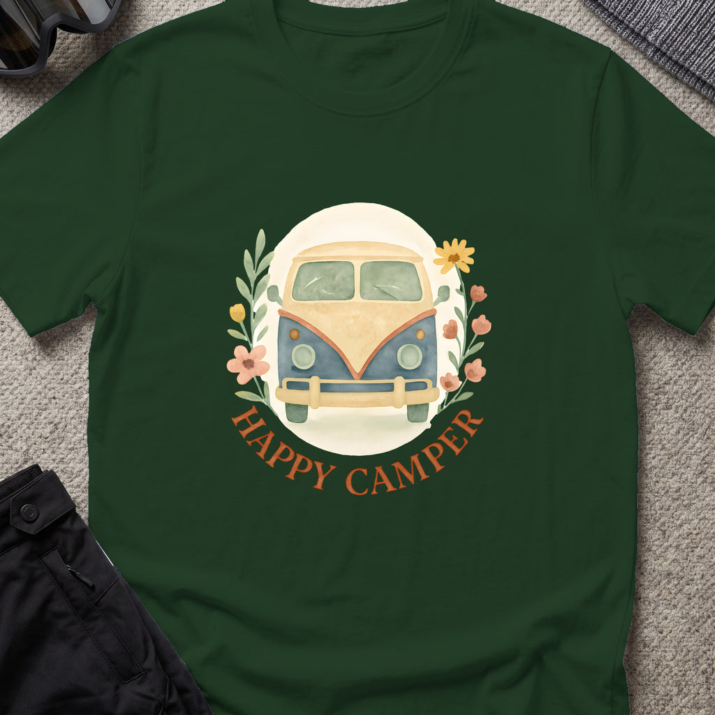 Floral Camper Van 2 T-Shirt in Forest Green, front view.
