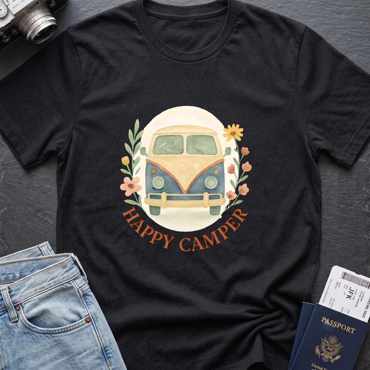 Floral Camper Van 2 T-Shirt in Black, front view.