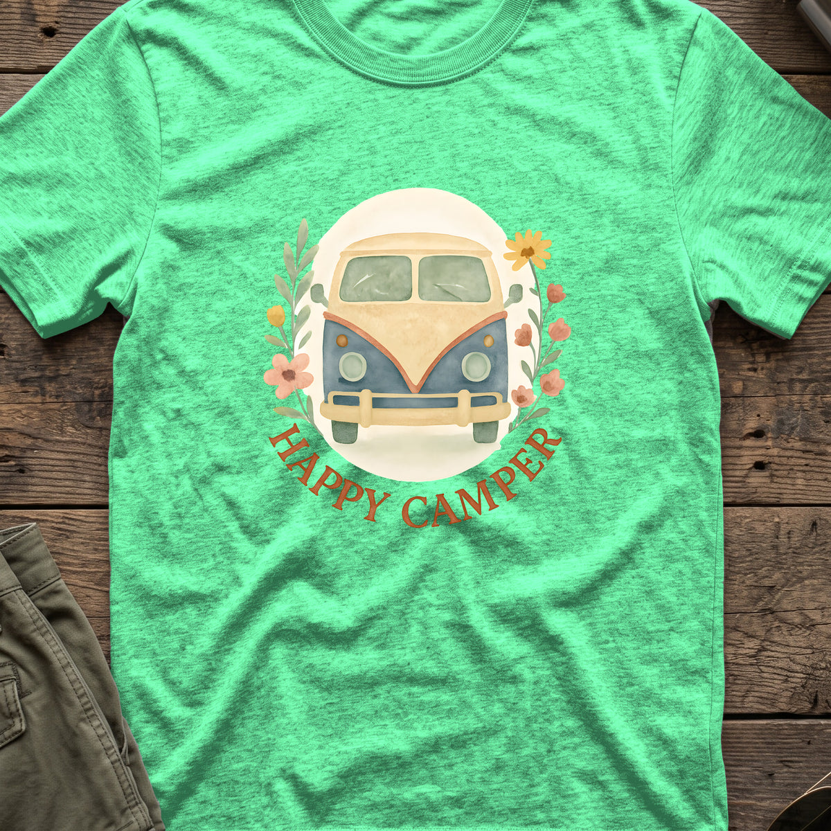 Floral Camper Van 2 T-Shirt in Heather Irish Green, front view.