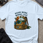 Roam More Worry Less T-Shirt in Light Blue, front view.