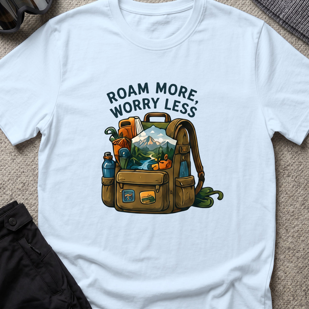 Roam More Worry Less T-Shirt in Light Blue, front view.