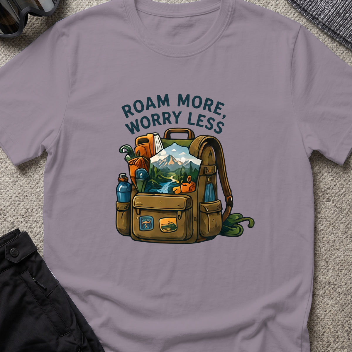 Roam More Worry Less T-Shirt in Paragon, front view.