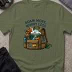Roam More Worry Less T-Shirt in Military Green, front view.
