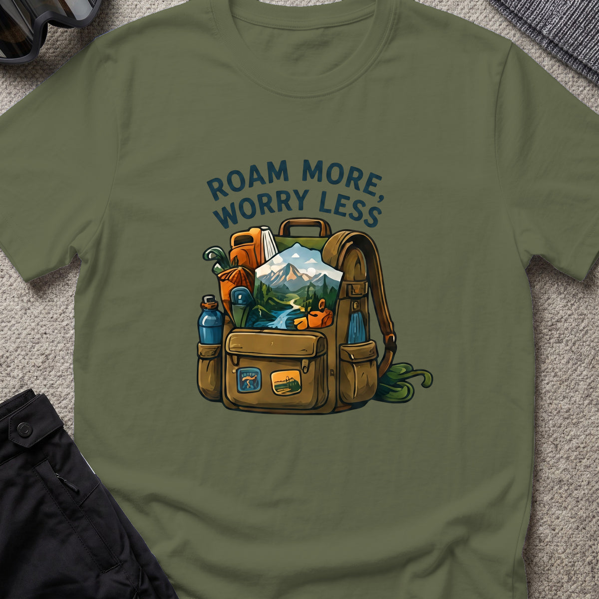Roam More Worry Less T-Shirt in Military Green, front view.