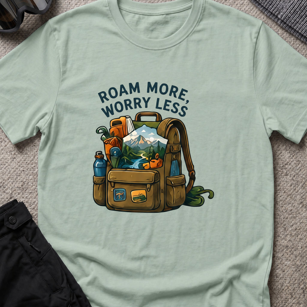 Roam More Worry Less T-Shirt in Sage, front view.